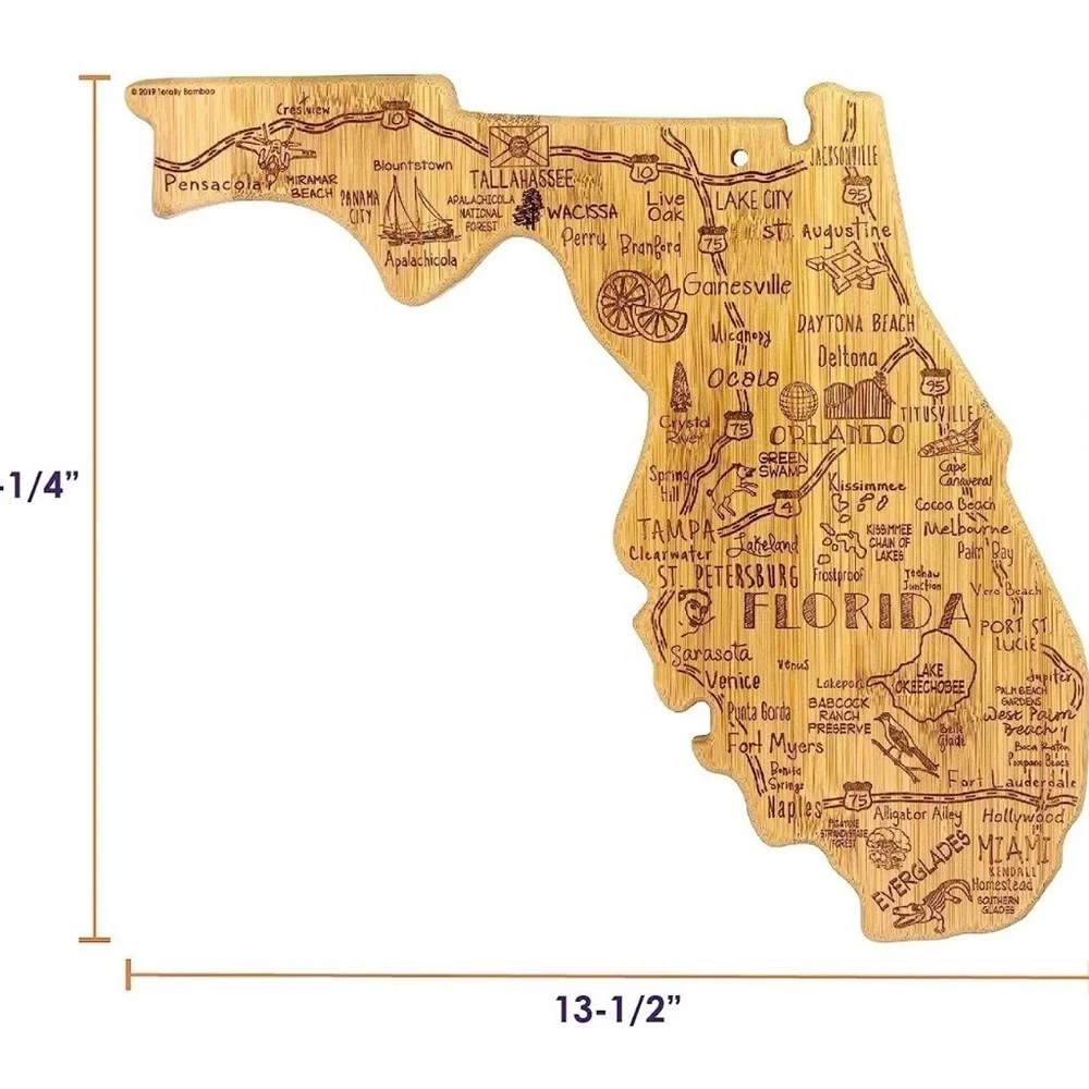 Florida State Shaped Serving & Cutting Board with Hang Tie for Wall Display